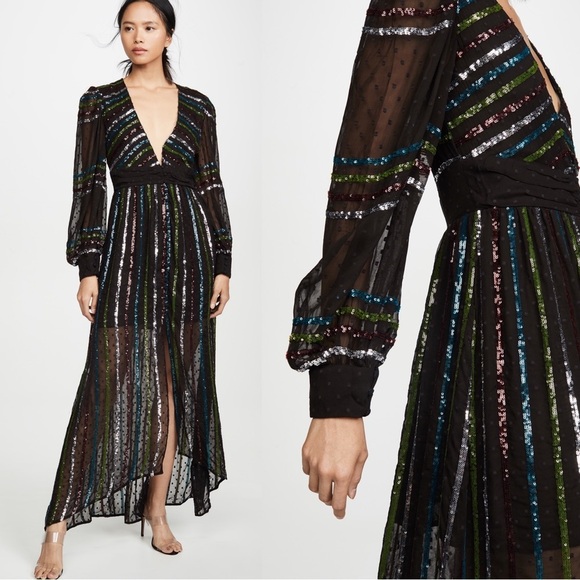 Rococo Sand • Sequin Striped Gown black chiffon rainbow swiss dot balloon sleeve - Picture 3 of 13